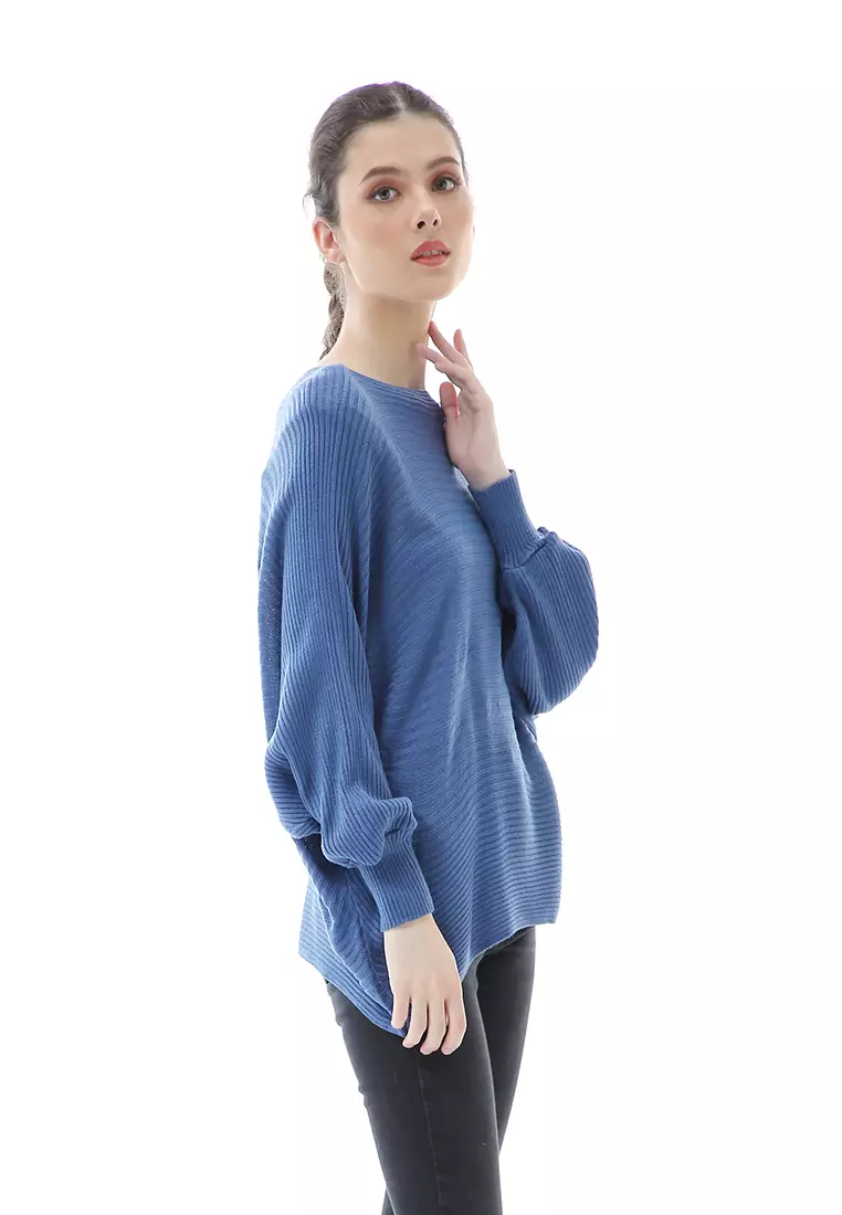 Eveline Sweater Rajut Batwing Atasan Wanita Motif Polos High Quality - Denim