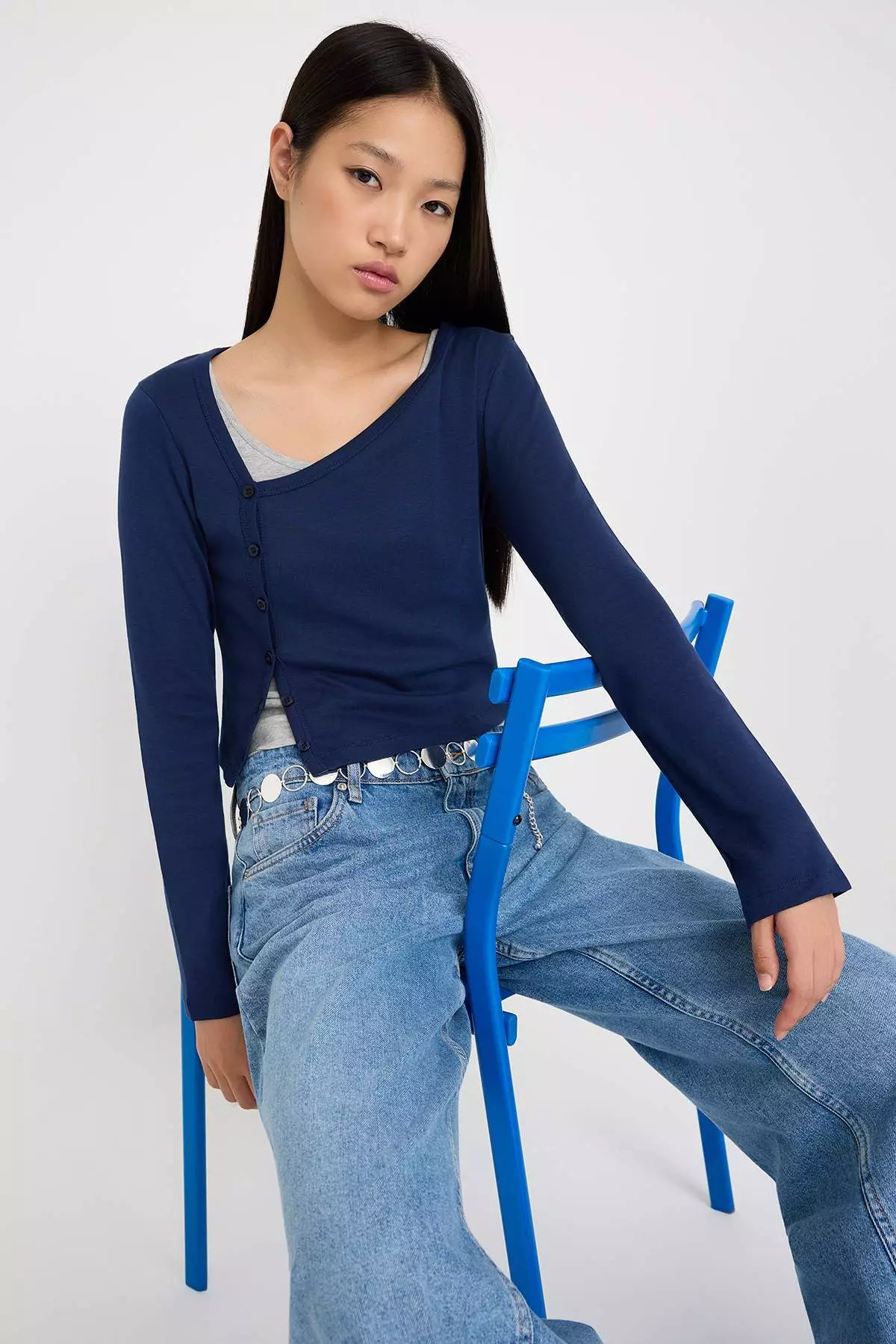 Navy Blue-Gray 2-Piece Set Asymmetrical Collar Buttoned Body-Smoothing Flexible Knitted Blouse