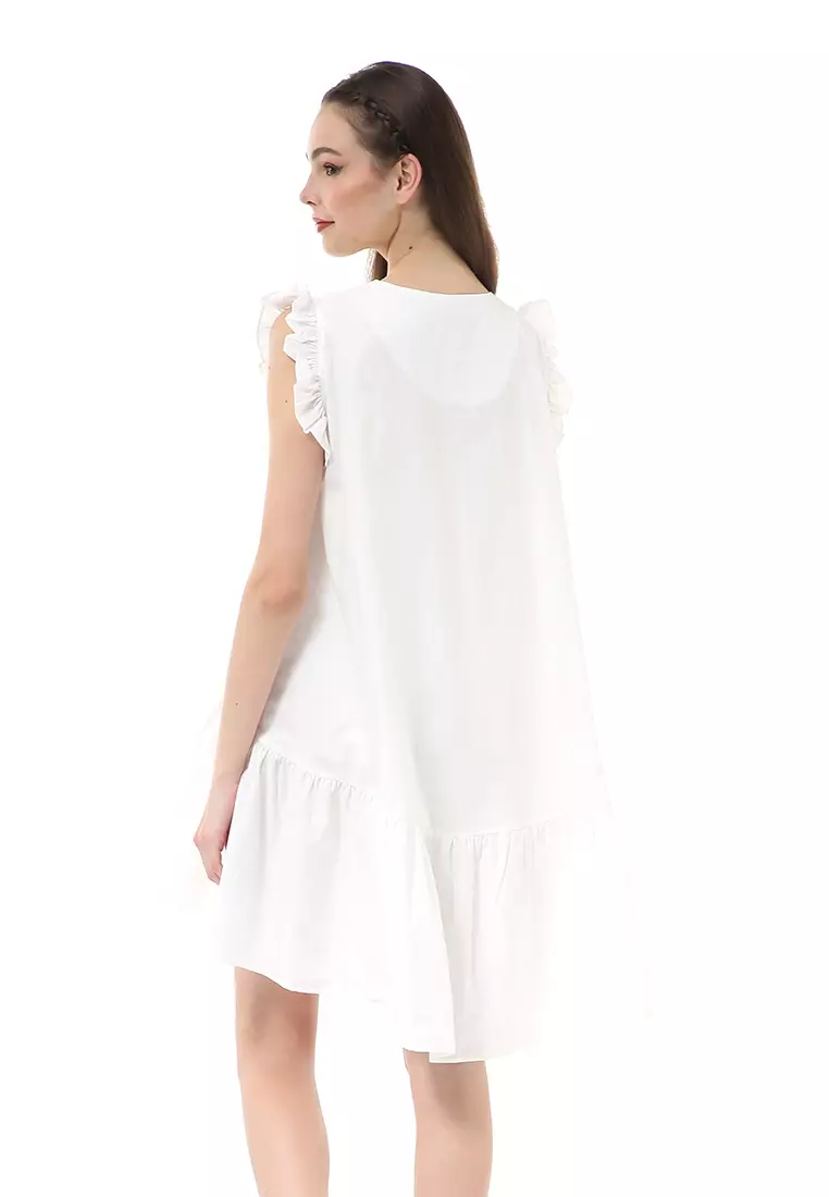Rachel Mini Dress Ruffle Wanita Lengan Pendek Motif Polos Material Cotton ORIGINAL - White
