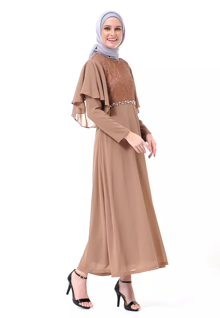 Hilda Dress Panjang Muslimah Wanita Long Sleeve High Quality Premium - Brown