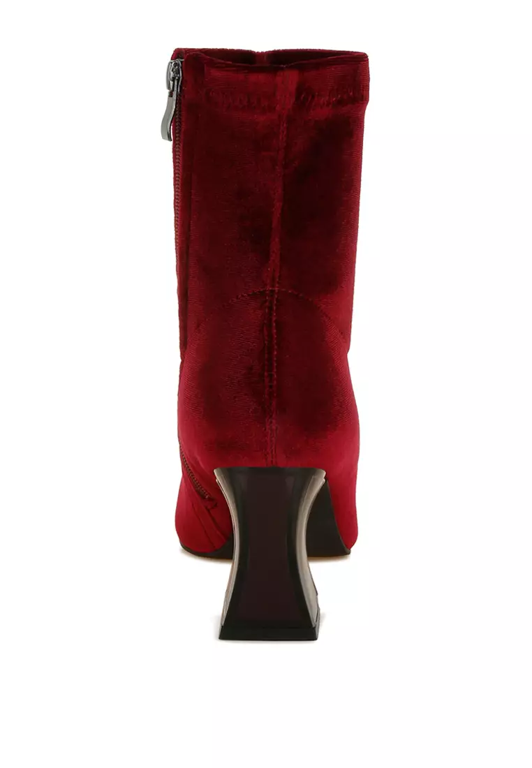 Burgundy Flared Block Heel Velvet Boots