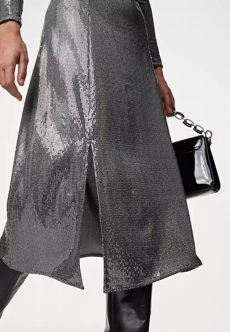 Sequin Ruched Midi Column Dress