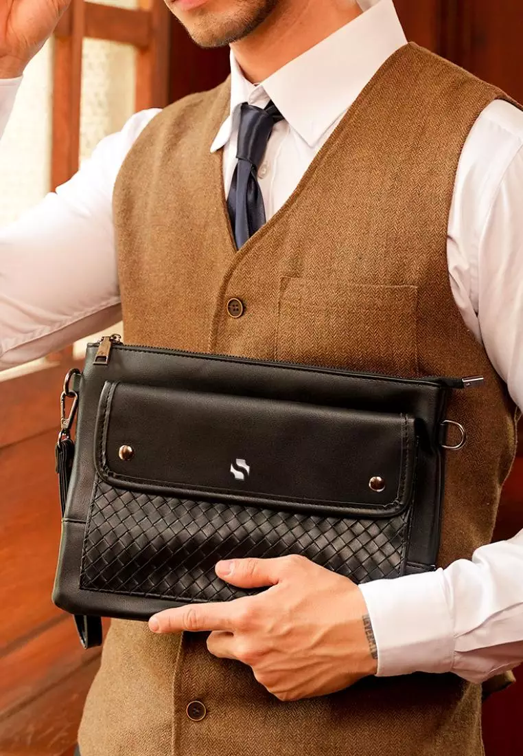 Buy SHIGETSU Hategaya Black Woven Leather Sling Bag For Men