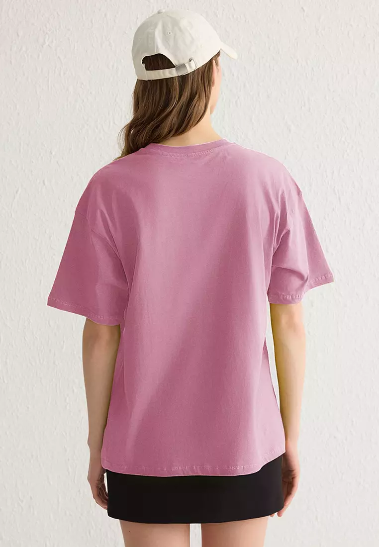 Light Pink 100% Cotton Crew Neck Oversize/Wide Pattern Knitted T-Shirt Twoss20Ts0134