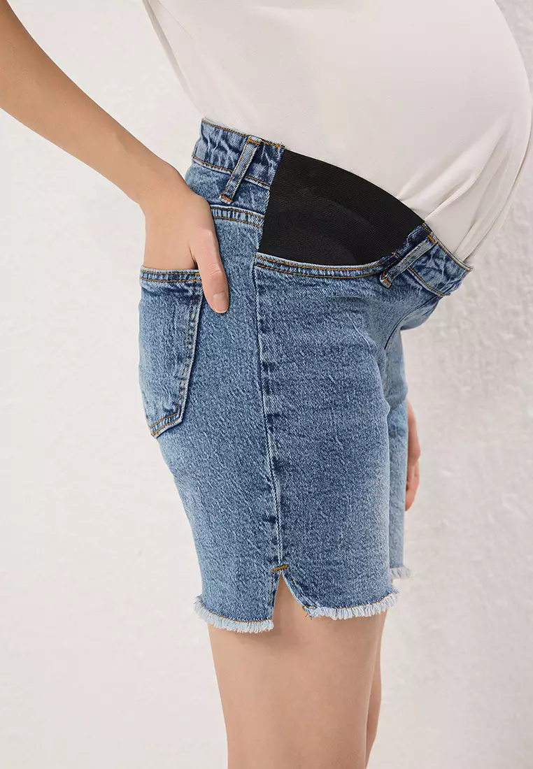 Blue Side Elastic Maternity Denim Shorts TBBSS25AP00029