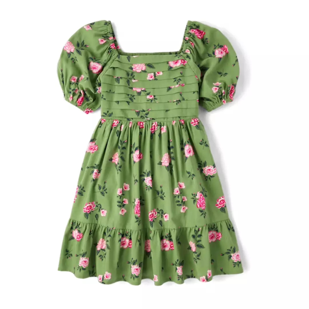 Girls Floral Pleated Ruffle Dress - Baju Anak Perempuan (Hijau)