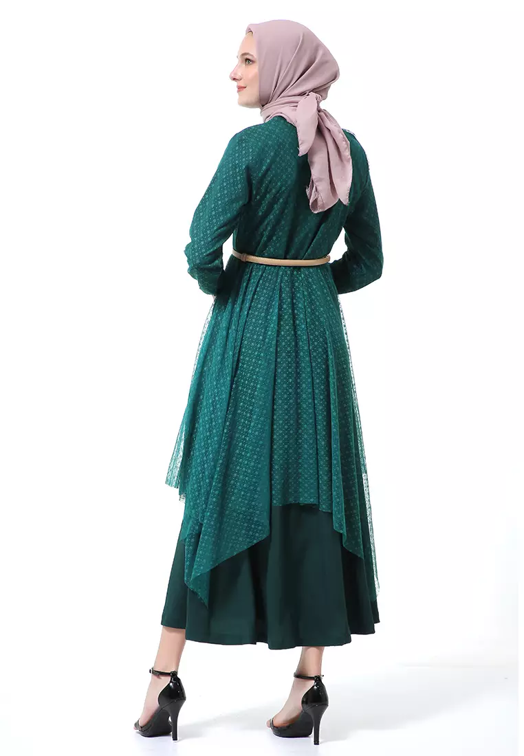 Zahwa Long Dress Gamis Muslimah Long Sleeve Free Belt High Quality - Deep Green