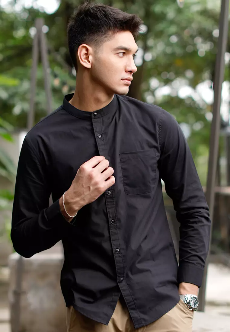 Oxcon Collarless Long Sleeve Business Shirt soft cotton Black