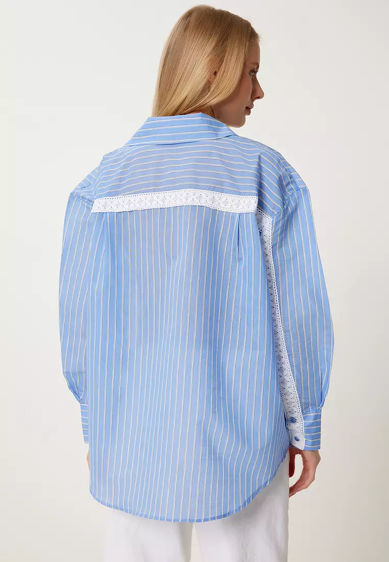 Women's Sky Blue Lace Detailed Striped Oversize Shirt Rv00210
