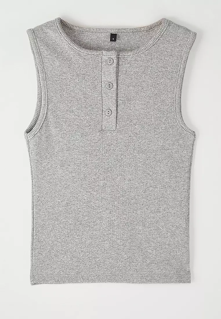 Grey Melange Buttoned Pool Collar Sleveless Ribbed Flexible Crop Knitted Undershirt