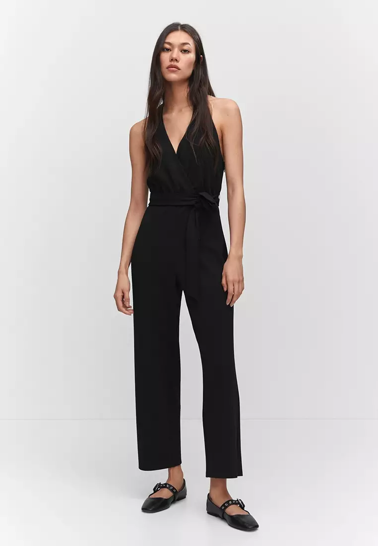 Mango - V-Neck Belted Jumpsuit Black - S - Women