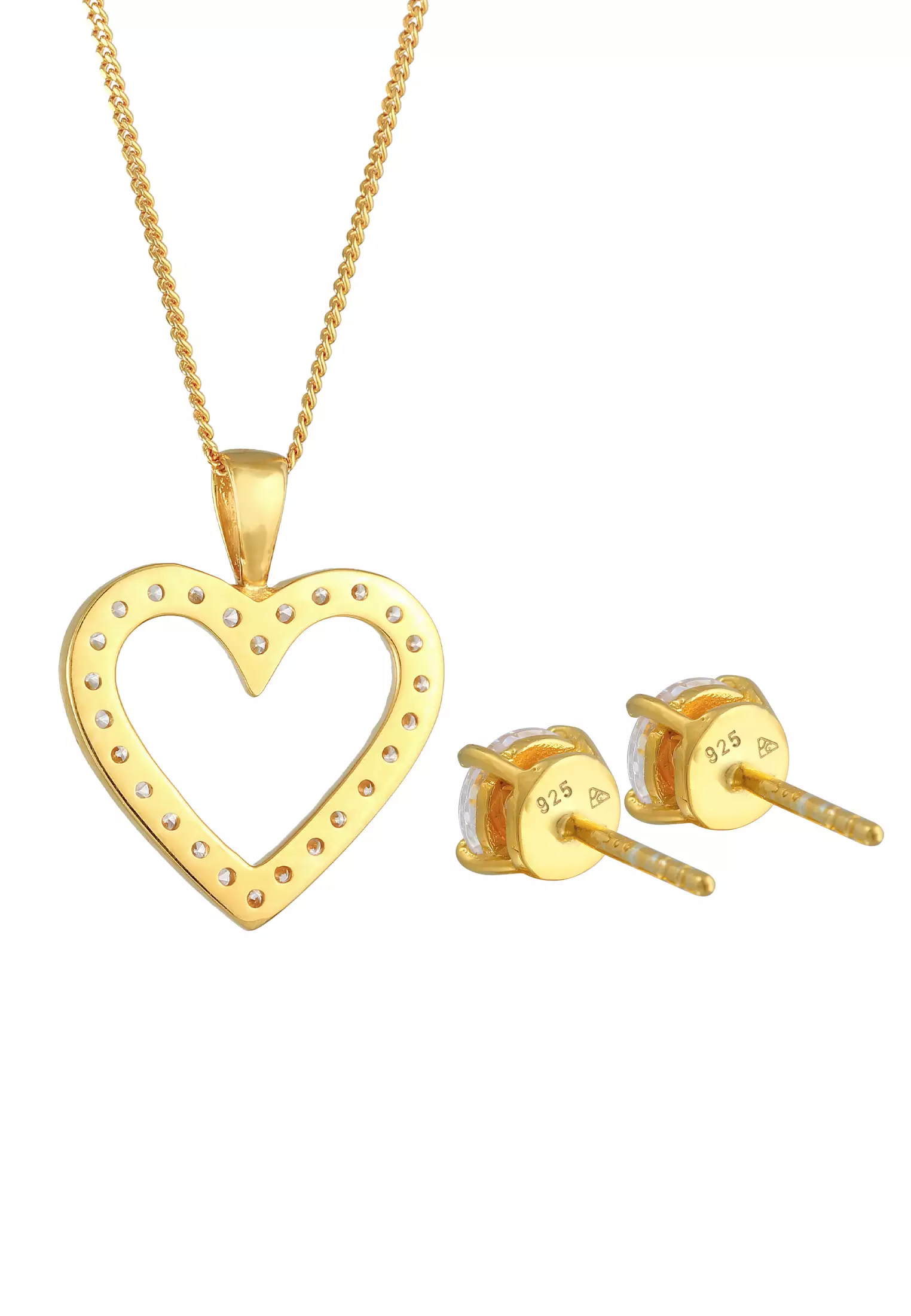 Jewelry Set Stud Heart Pendant Solitaire Cubic Zirconia Crystals Gold Plated