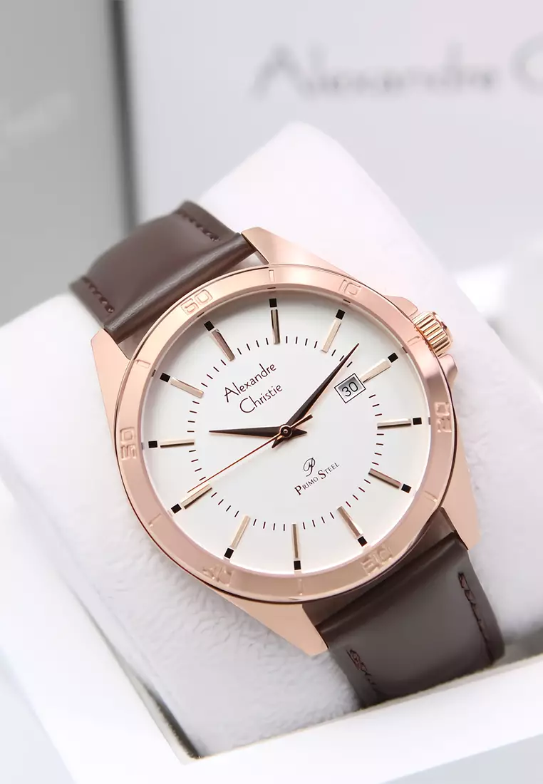 Alexandre Christie Primo Steel 1011 MDLRGSL Jam Tangan Analog Pria Rosegold - Brown Leather Strap