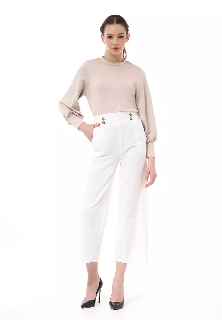 Stella Casual Long Pants Wanita Celana Kulot Highwaist Double Botton Material Linen ORIGINAL - Broken White