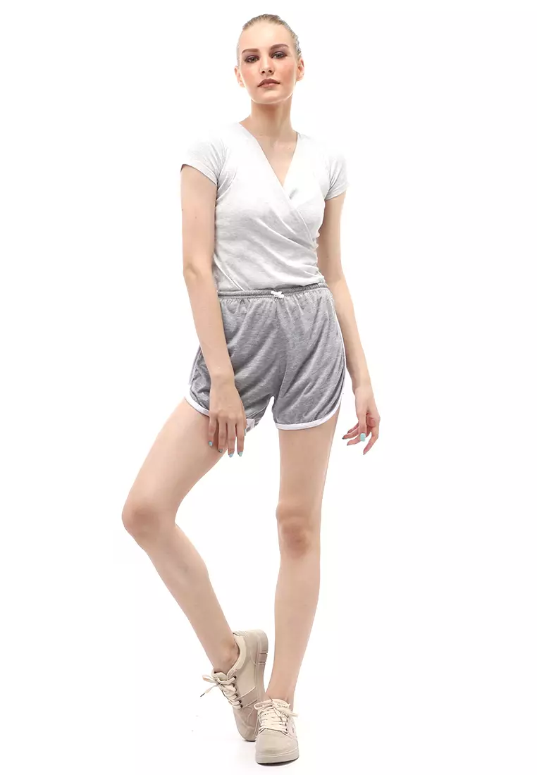 Jevera Hot Pants Detail List Motif Solid Fashion Wanita Relaxed Fit - Abu Muda