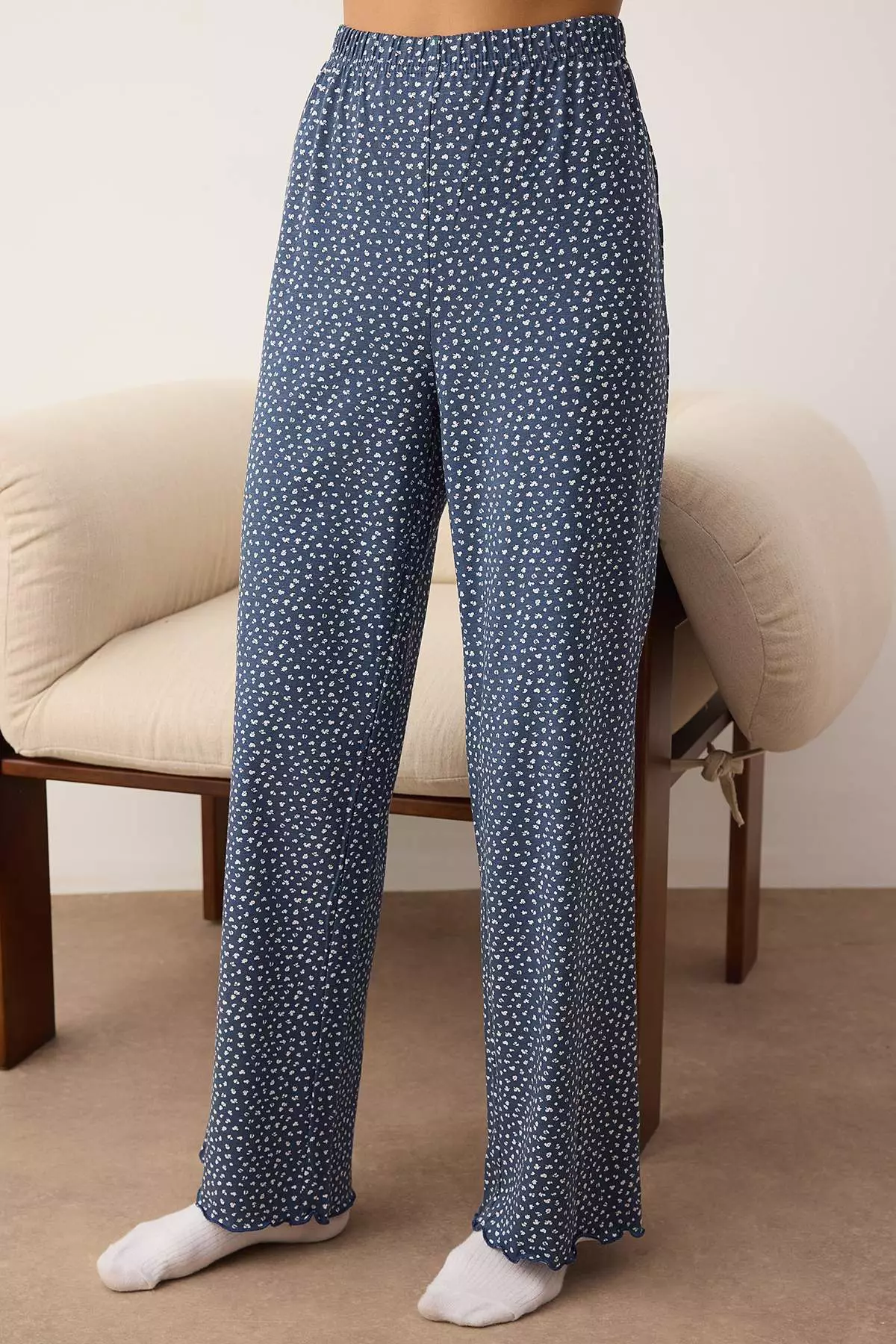 Navy Blue-White 2-Pack Floral Cotton Lycra Jersey Knitted Pajama Bottoms