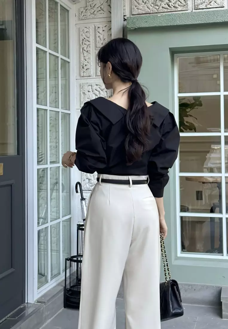 Elegant Korean style lapel and waist cinched top CA25090212BK