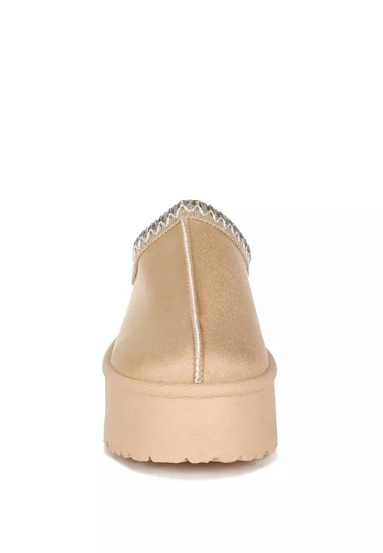Beige Embroidered Platform Fur Classic Slip-On