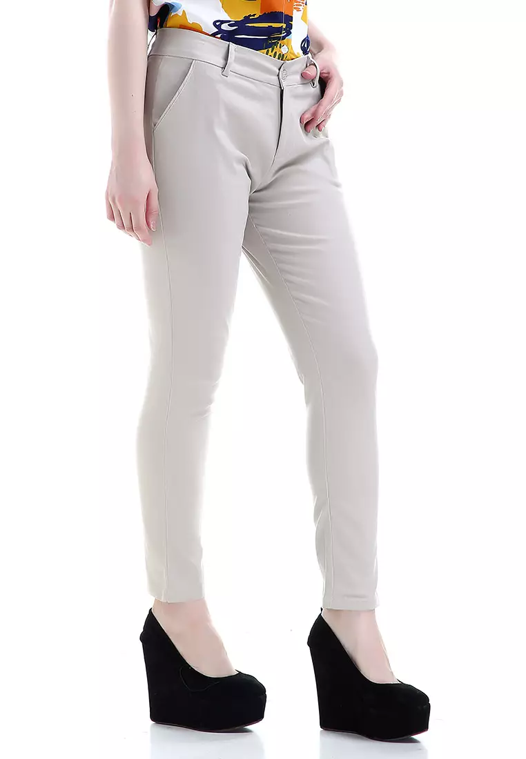 Tinsley Celana Chino Bawahan Wanita Kasual Motif Solid Long Pants Woman - Cream