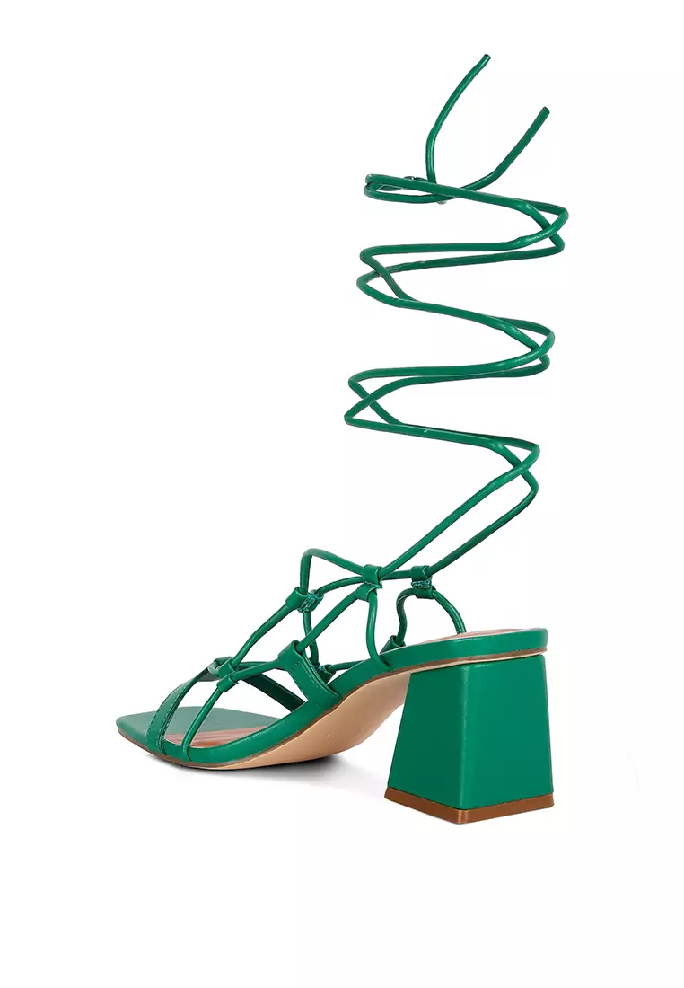Green Lace Up Block Heeled Sandal