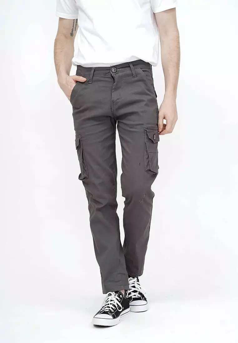 Celana Panjang kargo Pria Slim Fit Cargo pants kantong stretch melar abu tua