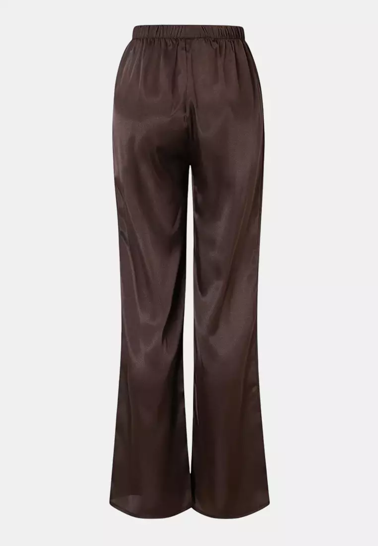 Brown Lace Detailed Satin Woven Pajama Set Thmss26Pt21