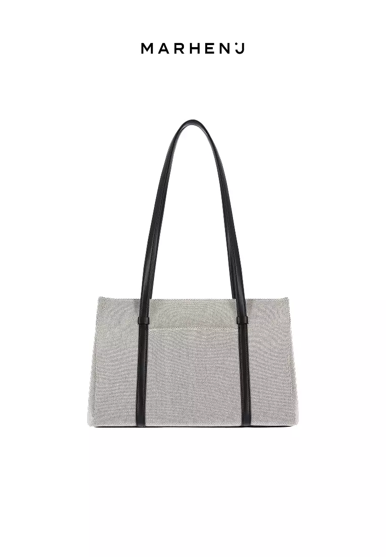 MINA V Canvas Vegan Leather Shoulder Bag Black