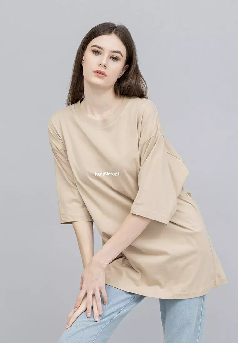 Houseofcuff Kaos Oversized T-shirt Wanita Unisex Tebal Cream Astronaut