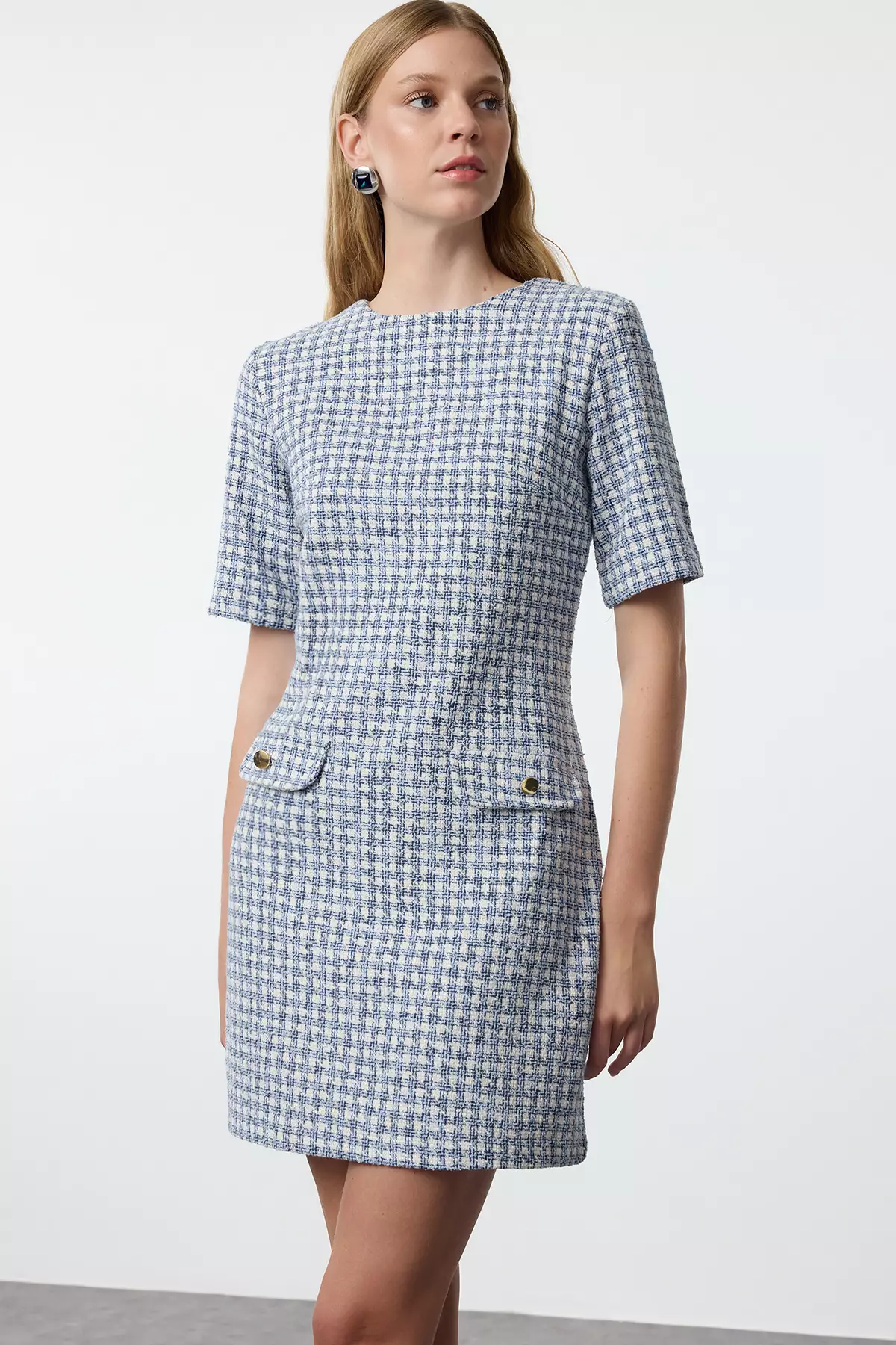 美品 Tweed Dress CENKER ブルー 38 Buy an elegant tweed dress with open shoulders Ukraine