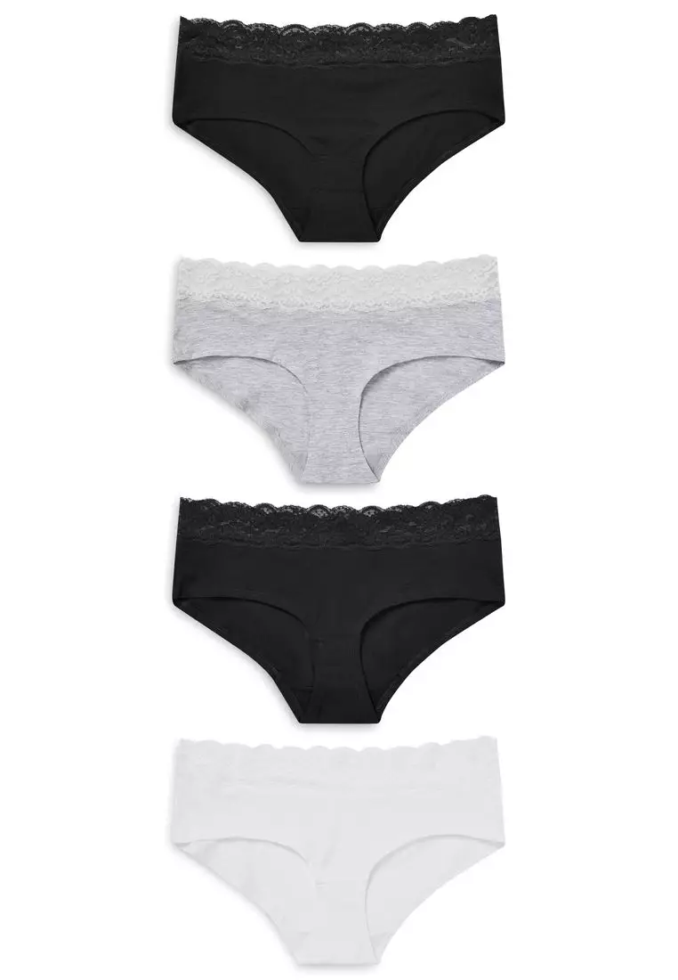 NEXT Lace Trim Cotton Blend Knickers 4 Pack Grey Marl Women Packs