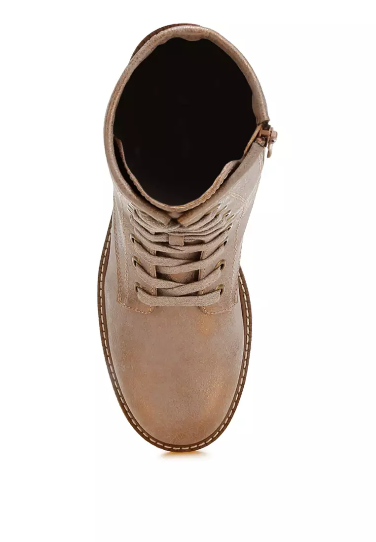 Metallic Texture Lace Up Boots in Tan