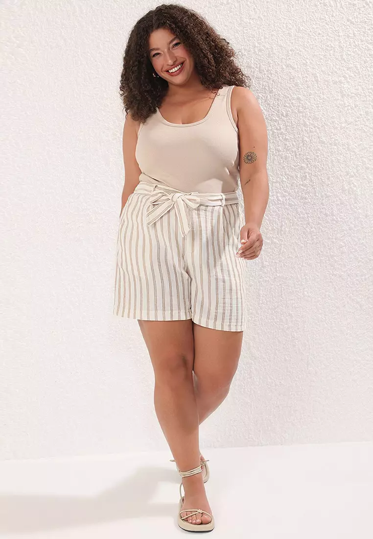 Beige High Waist Linen Look Striped Plus Size Shorts & Bermuda TBBSS25AP00004