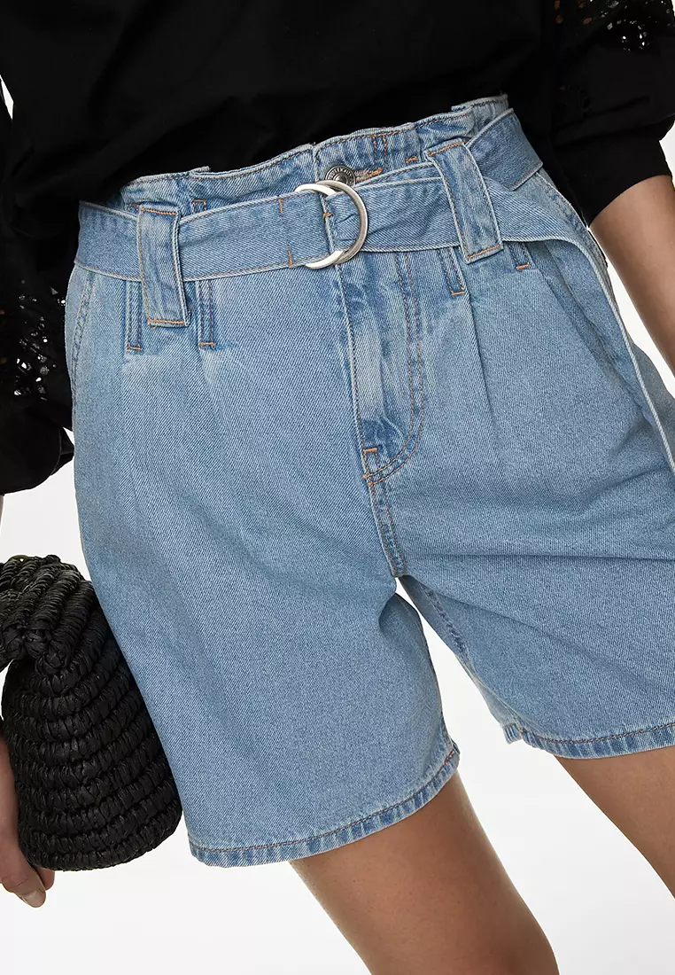Denim Pleat Front Belted Shorts