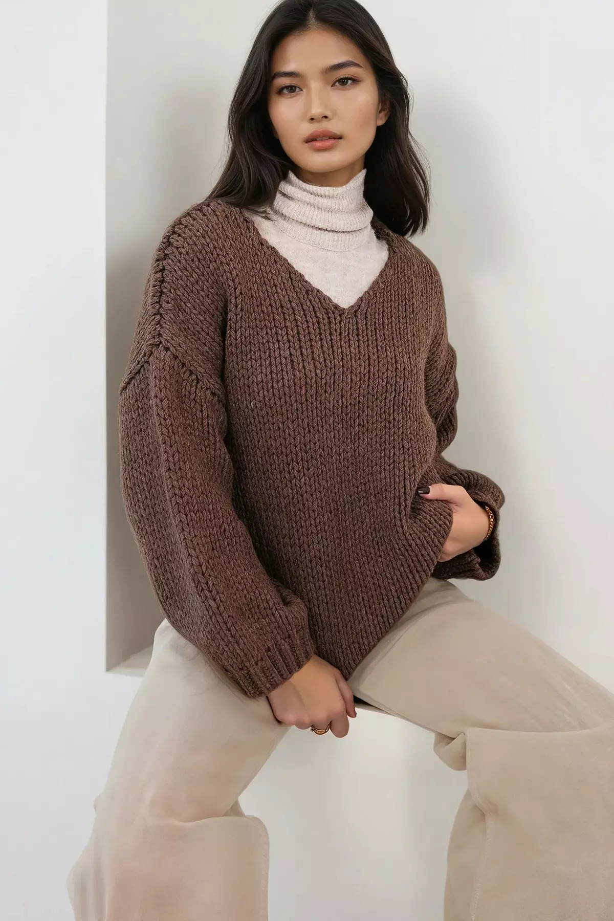 Women'S Brown V-Neck Thick Thessaloniki Braided Soft Textured Oversized Sweater Alc-X14850