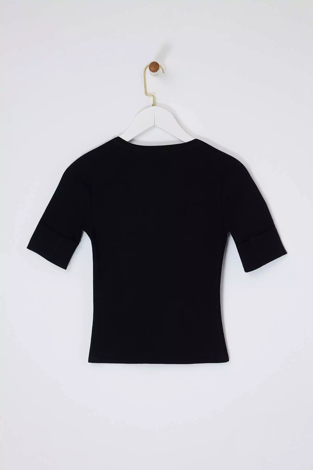 Limited Edition Black Bodycon Short Sleeve Buttoned Corded Fabric Stretchy Knitted Blouse Twoss26Bz473