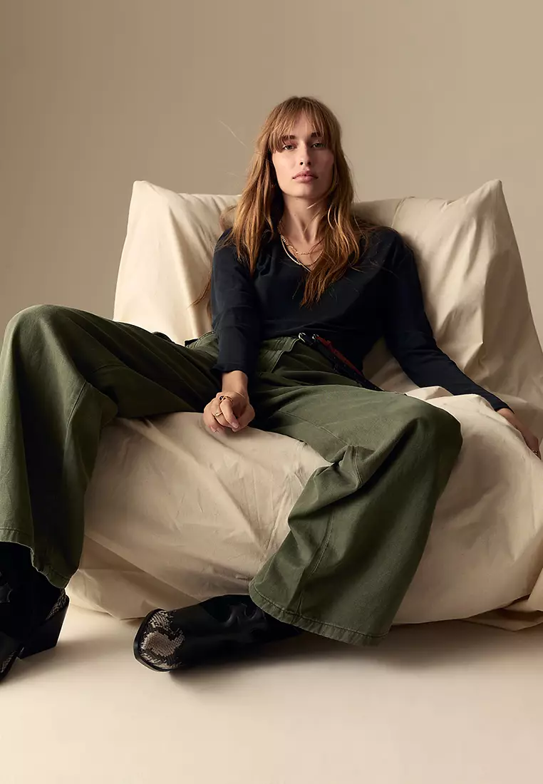 Cotton Blend Relaxed Wide Leg Trousers