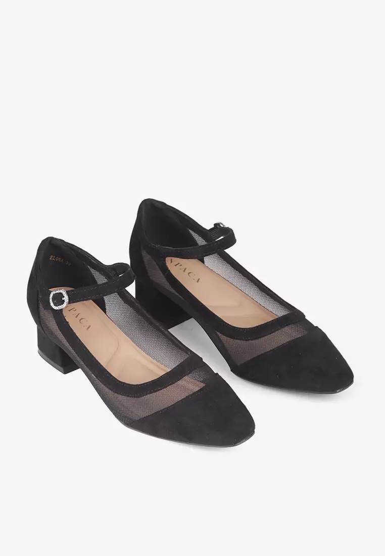 Elora Transparent Mesh Suede Block Heels Mary Jane in Black