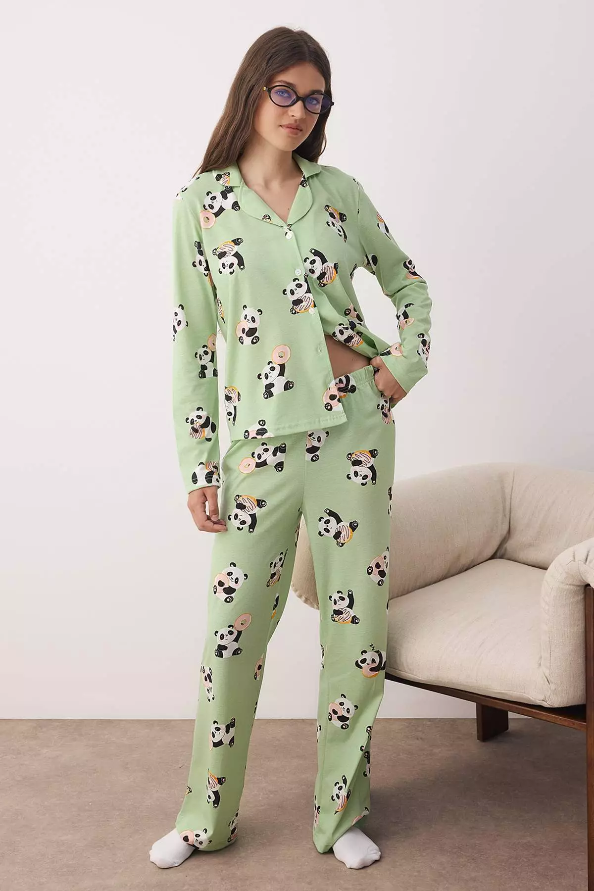 Green-Multicolored Panda Patterned Knitted Pajama Set Thmaw26Pt00049