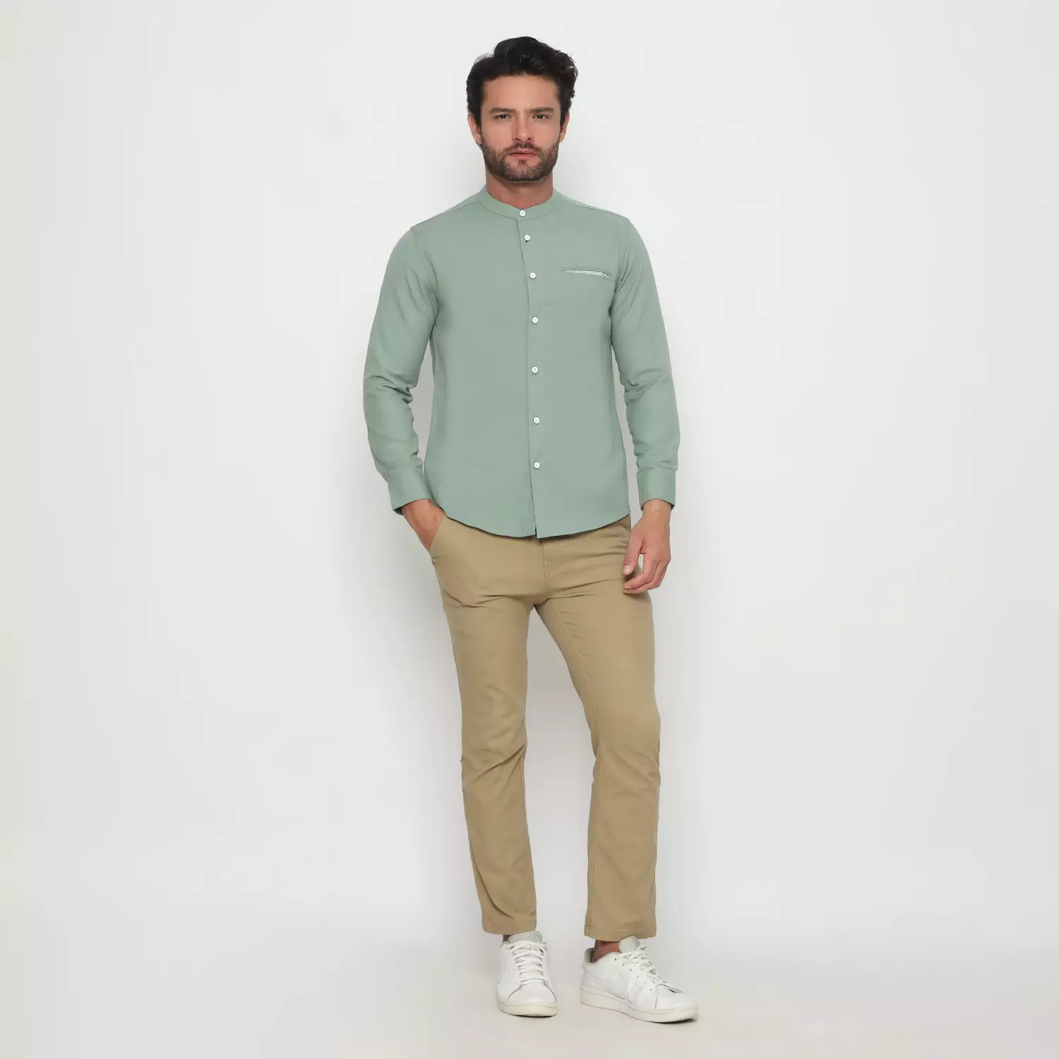 Platini Kemeja Pria Koko Shanghai Lengan Panjang Katun Linen Hijau Sage 22017