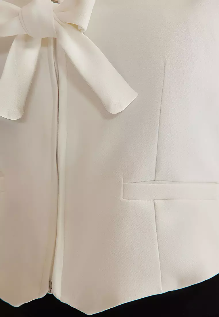 White Regular Ribbon Detail Woven Vest