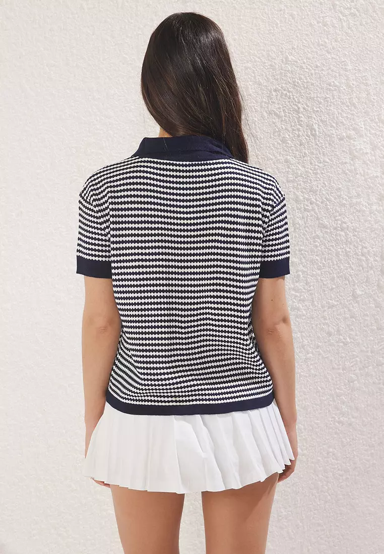 Navy Blue Polo Collar Striped Knit Blouse Twoss25Bz00183