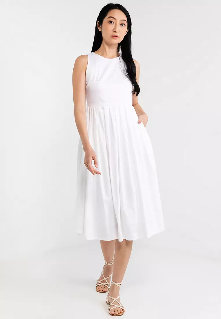DENIM EFFECTED PLEATED DRESS