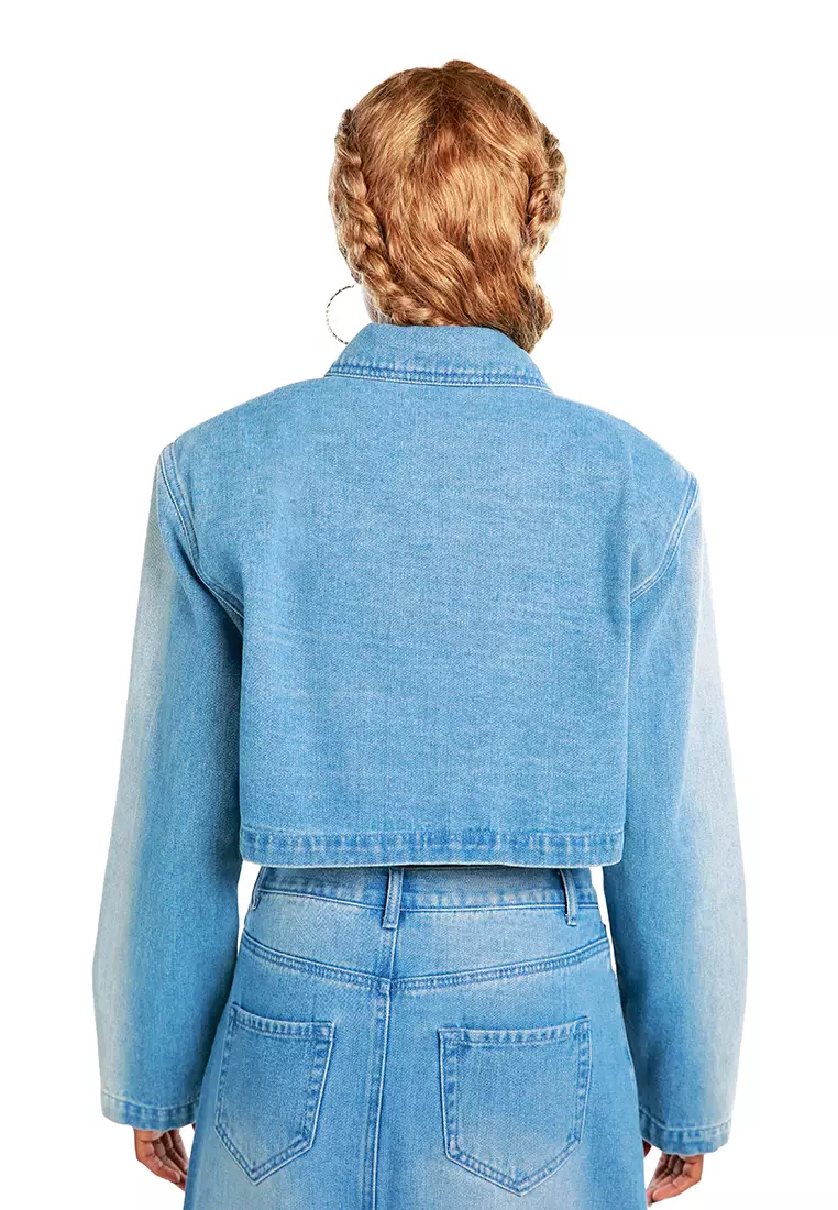 Mid Blue Solid Shoulder Padded Denim Jacket