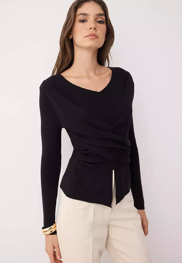 Black Premium Yarn/Special Yarn Fitted/Skin Fitting Top Drape Knitwear Sweater
