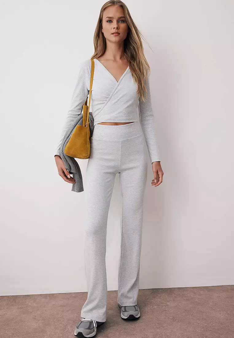 Gray Melange Double Breasted Closure Body Fitting Long Sleeve Stretch Knitted Bottoming Suit