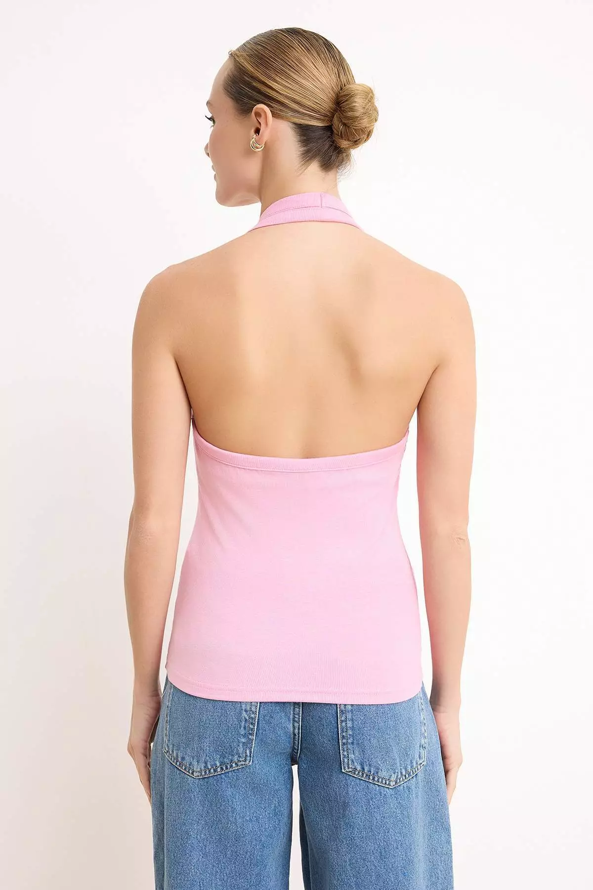 Pink Fitted/Bodycon Halter Neck Crop Soft Knitted Tank Top Twoss26Al16