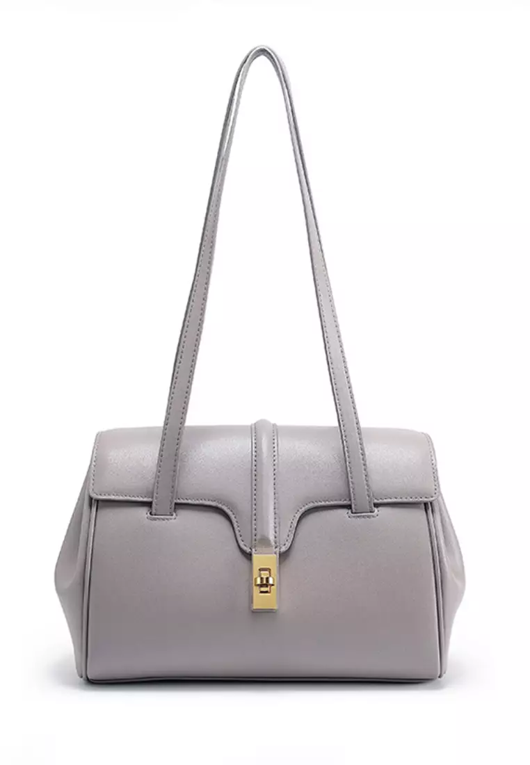 Michael Kors Smooth Taupe gray Leather TurnLock Flap ShoulderBag