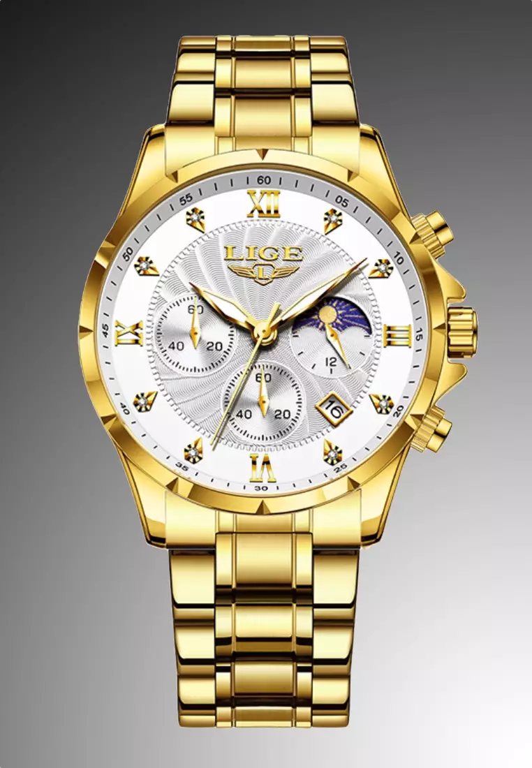 Chronograph Unisex IP Gold Color Stainless Steel Quartz Watch, black dial, Metal Bracelet