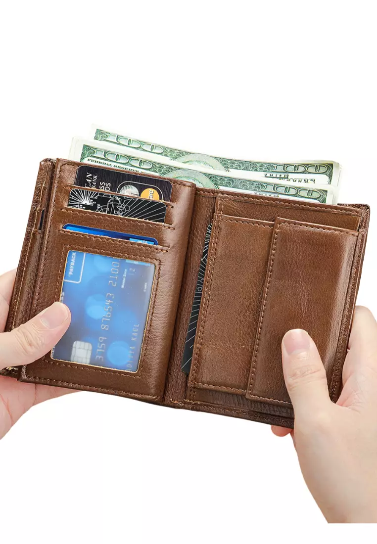 Baotuiok Men's Genuine Leather Tri-Fold Wallet – Large Capacity, ID Window, 11 Card Slots, Black - View #4