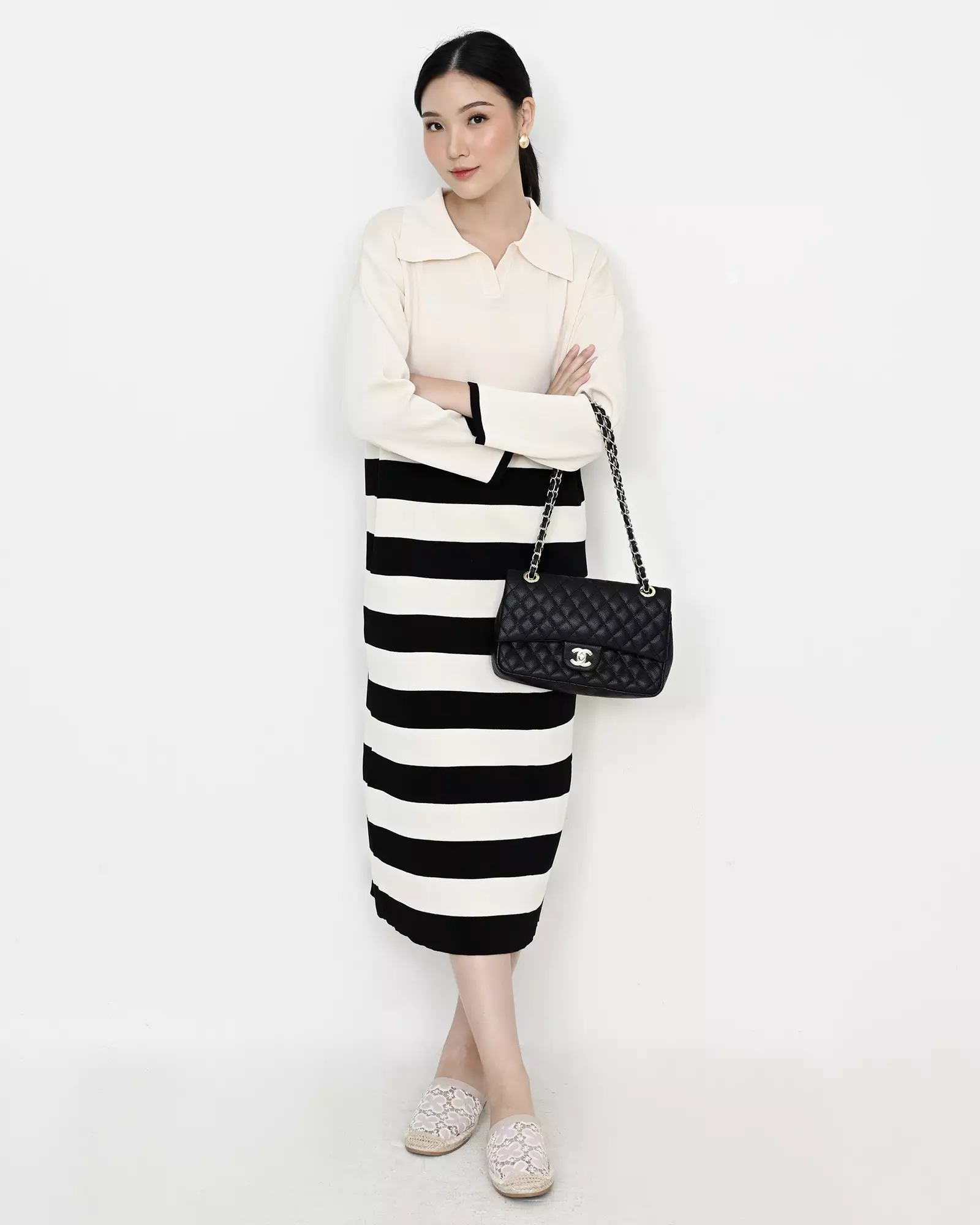 Geulis.id DASARA STRIPES KNIT DRESS LONG SLEEVE - Black